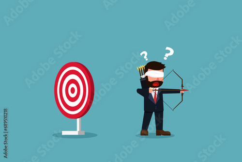 Businessman with closed eyes aiming at target incorrectly. Miss the goal of success. Wrong business goals, wrong goals, conceptualization, wrong strategies, and failure metaphor. Vector illustration photo