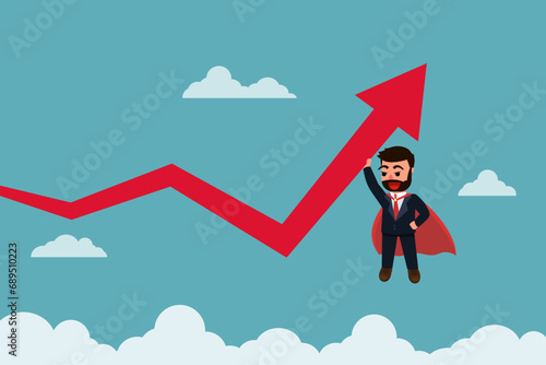 Super businessman in red cape pushing arrow graph up. Arrow growing business. Business Concept. Vector illustration