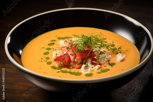 Photo of a bowl of rich and creamy lobster bisque soup. Generative AI