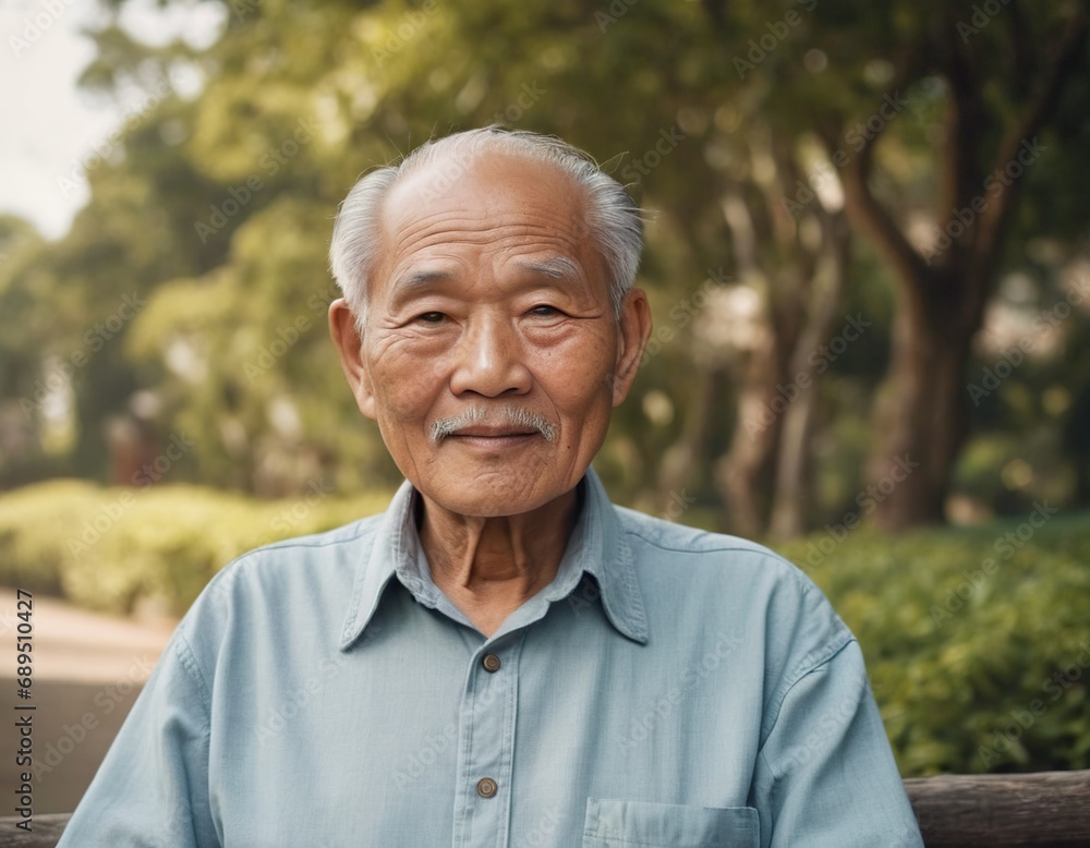 An old man of Asian appearance in a cap on the background of nature An old man of Asian appearance in a cap on the background of nature