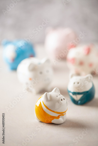 Set different pigs piggy banks on a bright background. Copy space. Business concept