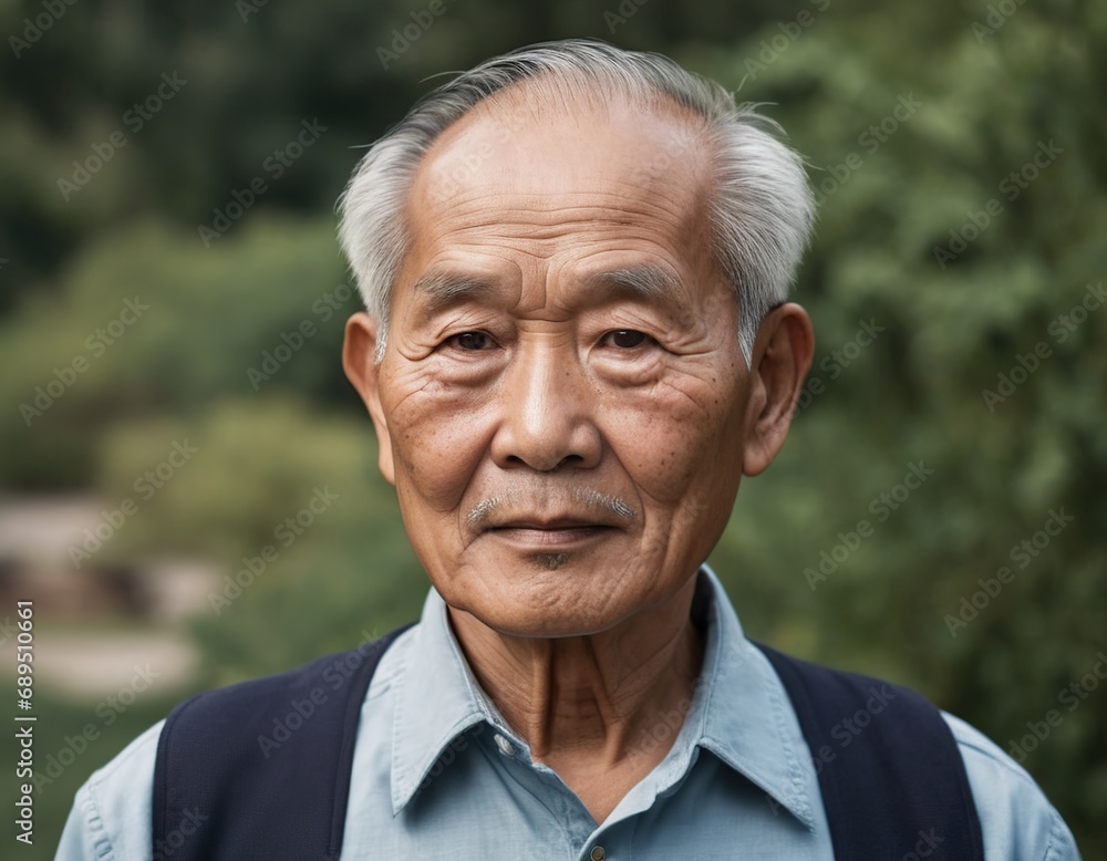 An old man of Asian appearance in a cap on the background of nature An old man of Asian appearance in a cap on the background of nature