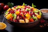 Photo of a colorful fruit salad with fresh, vibrant ingredients glistening with juiciness. Generative AI