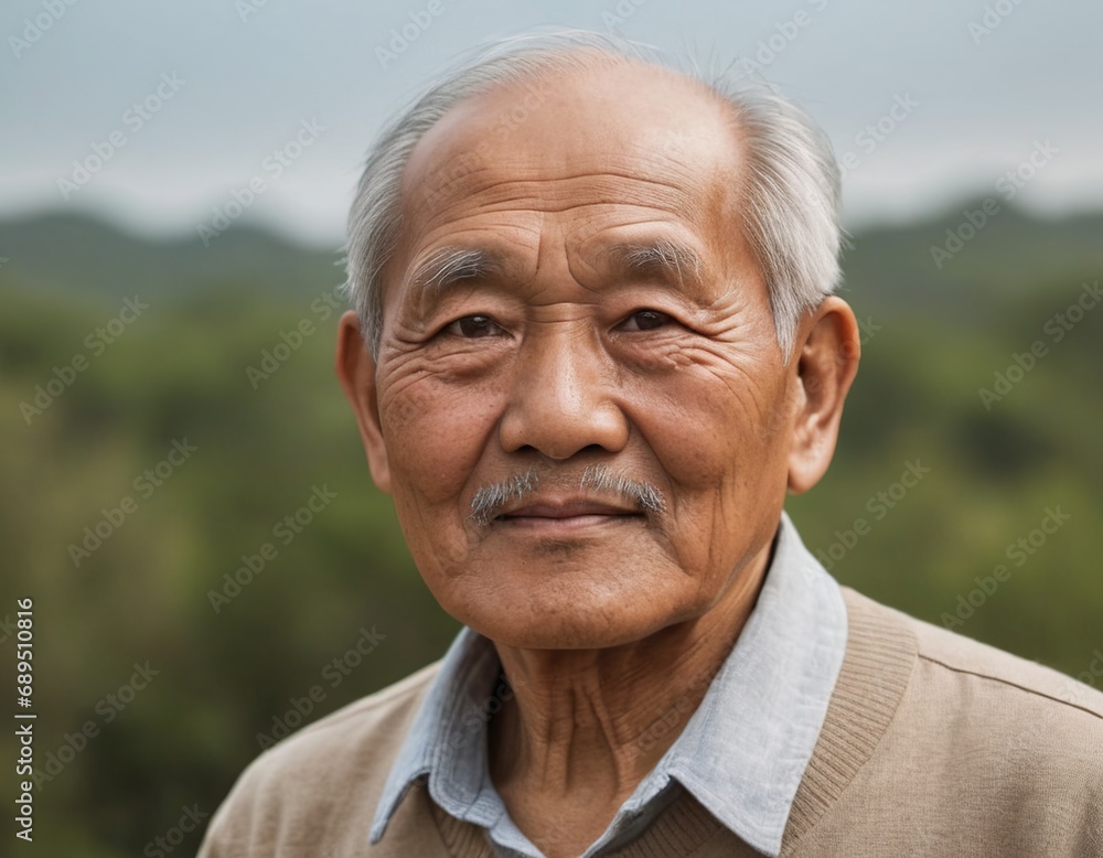 An old man of Asian appearance in a cap on the background of nature An old man of Asian appearance in a cap on the background of nature