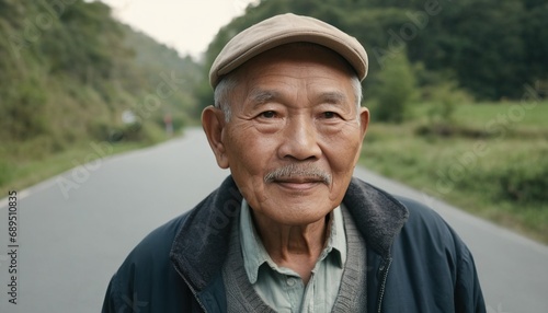 An old man of Asian appearance in a cap on the background of nature