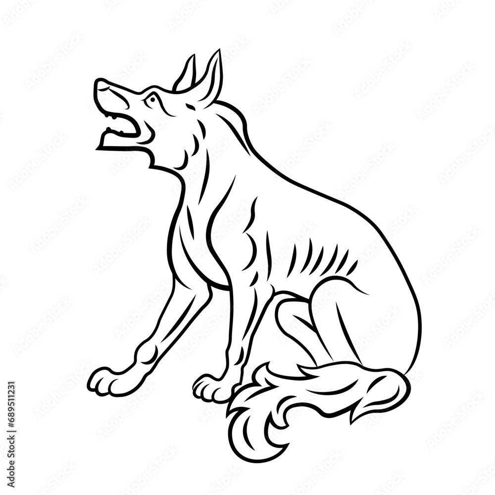 Sitting heraldic wolf dog with lying tail. Symbol, sign, icon, silhouette, tattoo. Line. Isolated vector illustration.