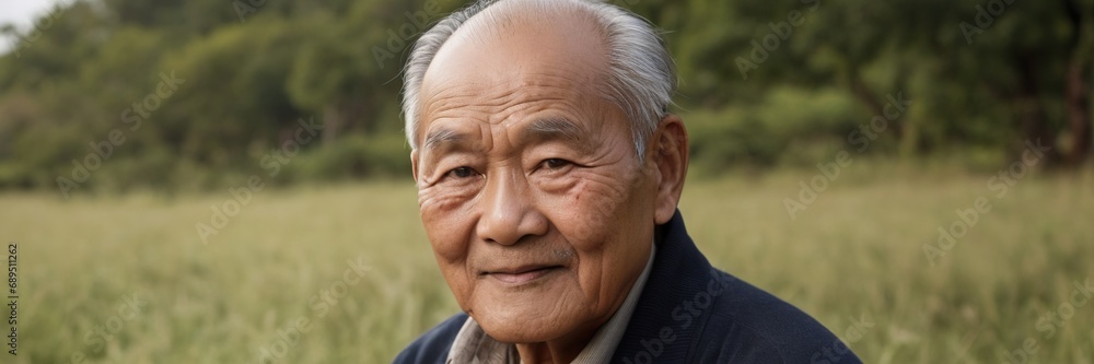 An old man of Asian appearance in a cap on the background of nature An old man of Asian appearance in a cap on the background of nature