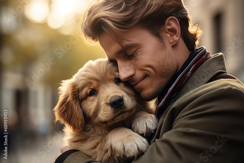 A Gentleman Embracing a Small Canine Companion. A man holding a puppy lovingly in his arms. A Loving Man Holding a Cute Puppy in His Arms