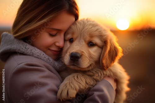 A Loving Woman Embracing a Adorable Puppy in Her Arms. A woman holding a puppy in her arms