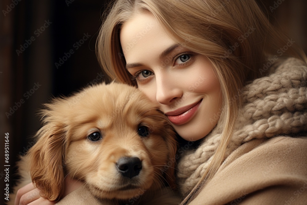 A Loving Woman Embracing a Adorable Puppy in Her Arms. A woman holding a puppy in her arms