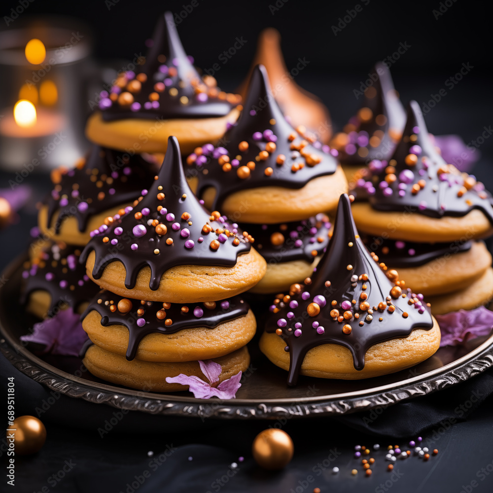 Witch hat Halloween cookies on a marble surface