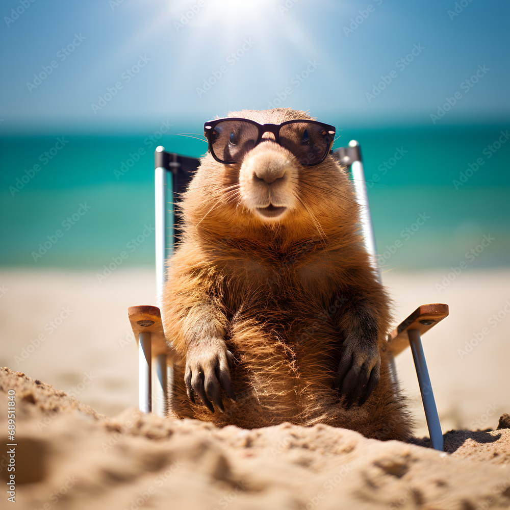 Groundhog wearing sunglasses on a beach - obrazy, fototapety, plakaty 