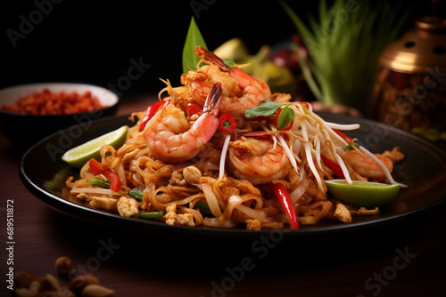 Pad Thai  stir-fried rice noodle dish commonly served as a street food in Thailand  Generative AI