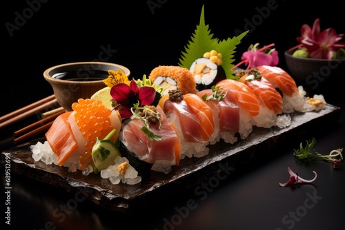Photo of a gourmet sushi platter with artful presentation. Generative AI