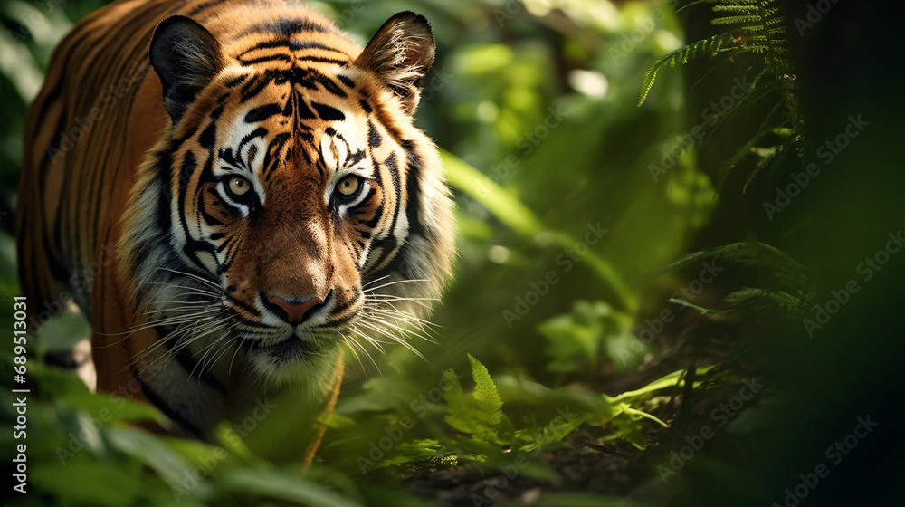 Obraz premium Prowling Tiger in Dense Jungle. Generative ai