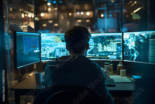 A man sitting at a desk in front of various monitors. Lots of glass, technology and blue light in the background.