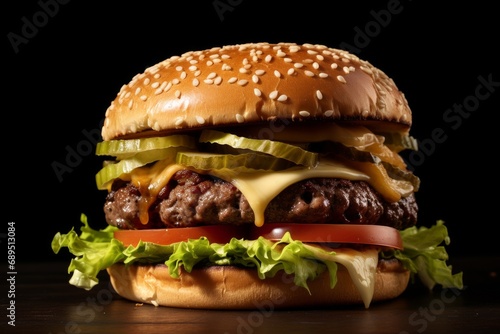 Photo of a mouthwatering cheeseburger with perfectly melted cheese and crisp lettuce. Generative AI