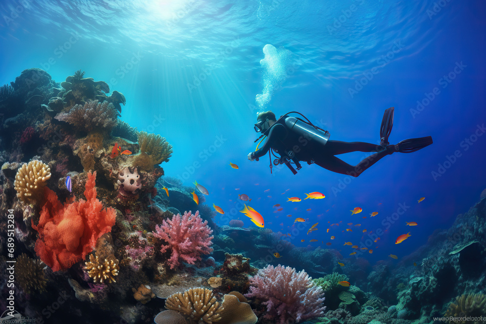 Obraz premium Diver swimming over a coral reef.