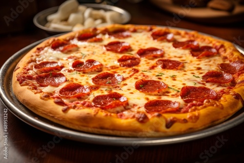 Photo of a piping hot pepperoni pizza with bubbling cheese and a golden crust. Generative AI