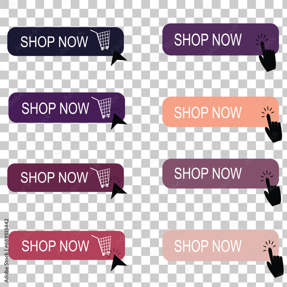 Shop now. Set of button shop now or buy now on transparent background. Modern collection for web site. Vector illustration.