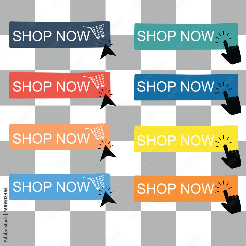 Shop now. Set of button shop now or buy now. Modern collection for web site. Vector illustration. With  transparent background.