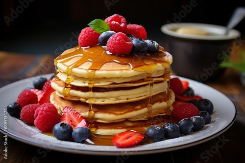 Photo of a plate of fluffy pancakes drizzled with maple syrup and topped with berries. Generative AI
