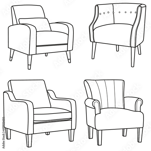 Set of modern armchairs, sofas, interior homes, or office furniture. Hand-drawn vector illustration isolated on a white background.