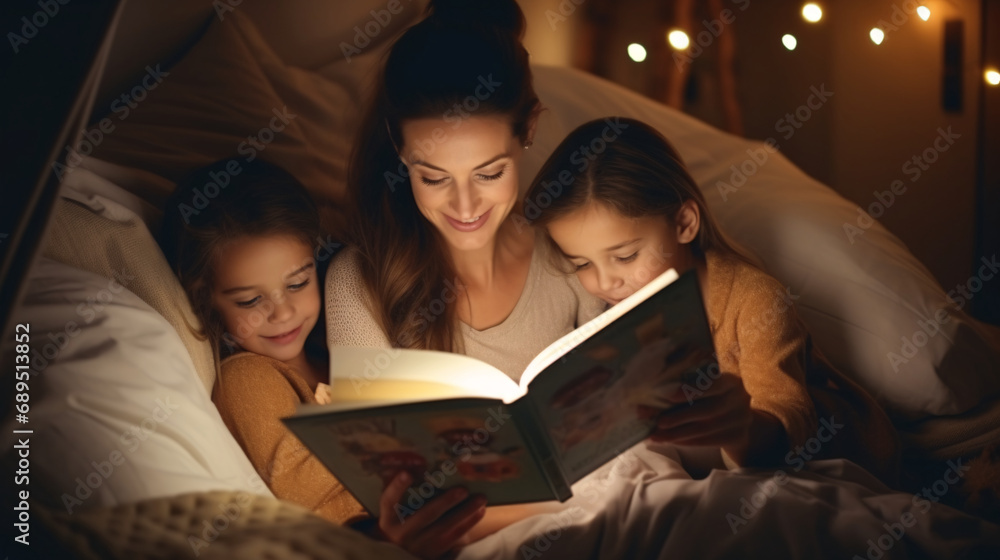 a mother reading bedtime stories to her children. Generative AI a mother reading bedtime stories to her children. Generative AI