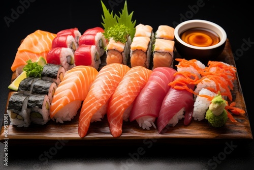 Photo of a sushi platter featuring an assortment of fresh sushi rolls and sashimi. Generative AI