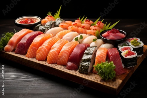 Photo of a sushi platter featuring an assortment of fresh sushi rolls and sashimi. Generative AI