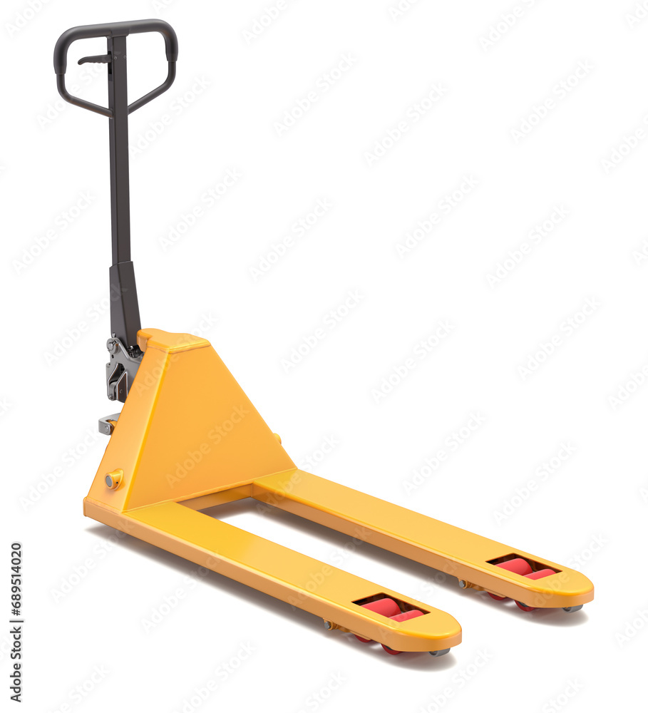 Yellow empty pallet jack on white background - 3D illustration Yellow empty pallet jack on white background - 3D illustration