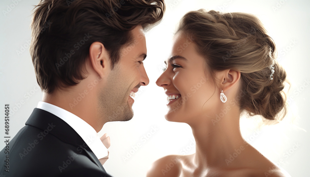Closeup shot of a young smiling bride and groom looking into each other's eyes. Isolated over white background. Closeup shot of a young smiling bride and groom looking into each other's eyes. Isolated over white background.