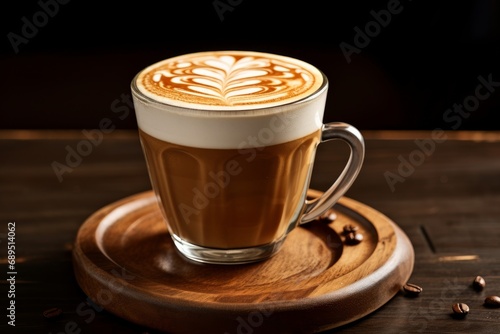 Photo of a tall, frothy glass of cappuccino with intricate latte art. Generative AI