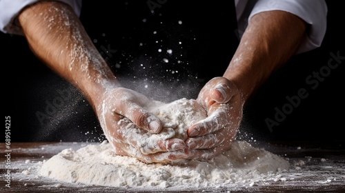 Baker hands in flour over black background banner © LaxmiOwl