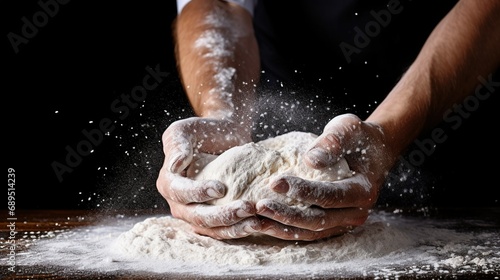 Baker hands in flour over black background banner