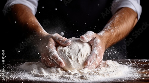 Baker hands in flour over black background banner © LaxmiOwl