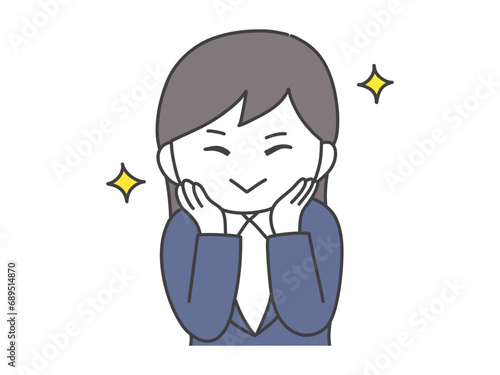 足を組みながら笑顔でこちらをみてくるスーツの女性上半身