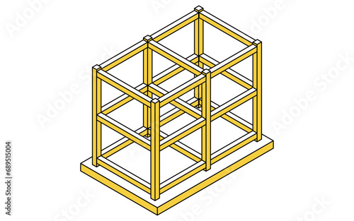 建築構造の図解イラスト、鉄筋コンクリート（RC）のラーメン構造、アイソメトリック