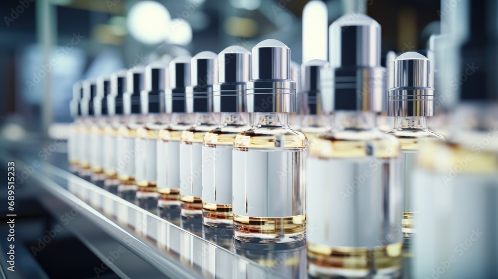 Transparent bottles with serum or oil cosmetics in production line. Mock up. Transparent bottles with serum or oil cosmetics in production line. Mock up.