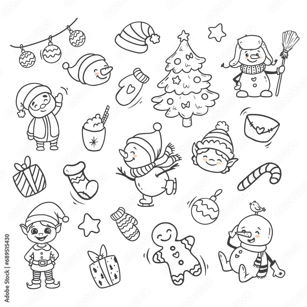 Fototapeta premium hand drawn Set of Christmas design elements in doodle style. Winter elements, santa claus, gift, elf, snowman. 