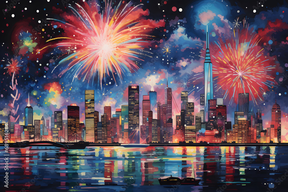 New York City Skyline with Fireworks at night. Vector illustration.