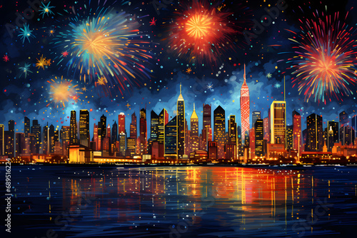 New York City Skyline with Fireworks at night. Vector illustration.