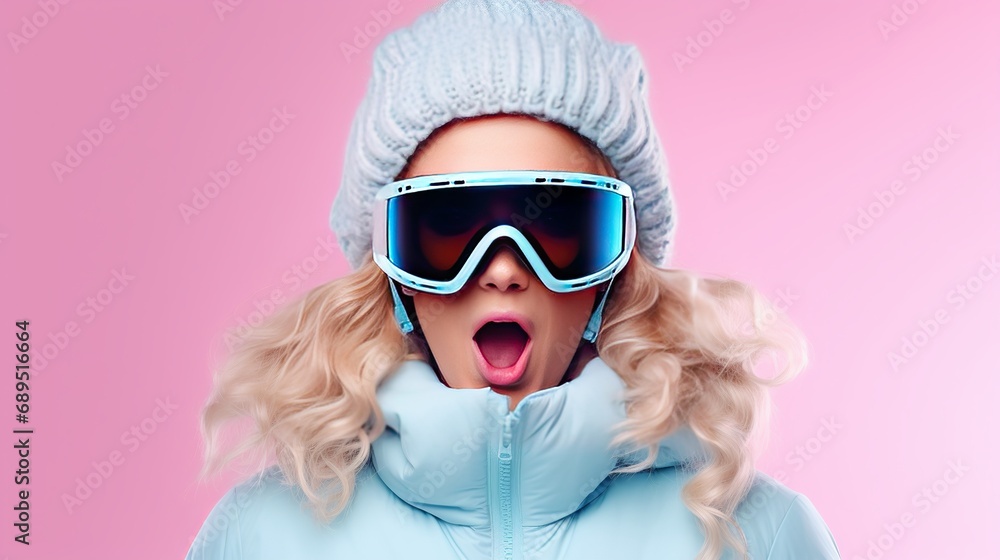 An attractive woman snowboarding with a blue suit, cap, ski-padded jacket, goggles off, mask on, tongue wink, and isolated on a pastel pink background