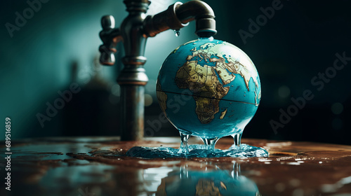Water, planet Earth, and conservation concept for saving water. Flowing, essential, and symbolic representation urging responsible water use. photo