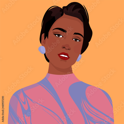 Beautiful African American girl with a short haircut. Avatar for a social network. fashion illustration isolated on background. 