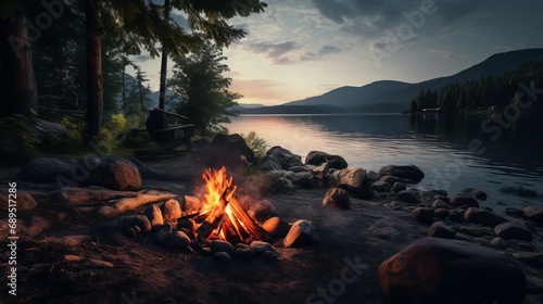 a view of the lakeside campfire burning
