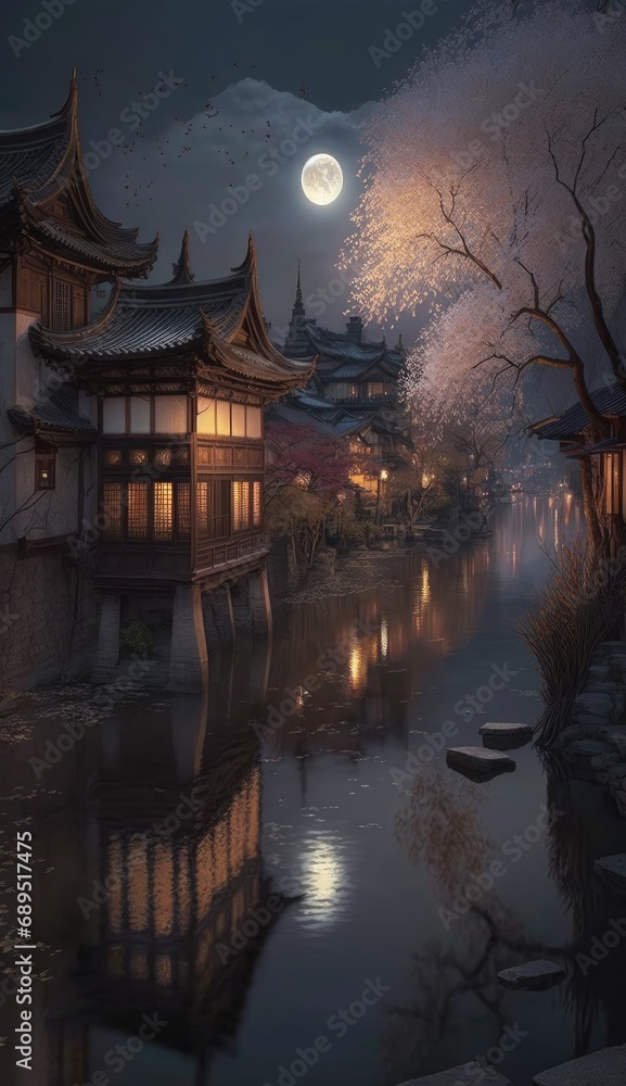 Obraz premium An ancient building in Asia is generated by AI when the moon rises by the river