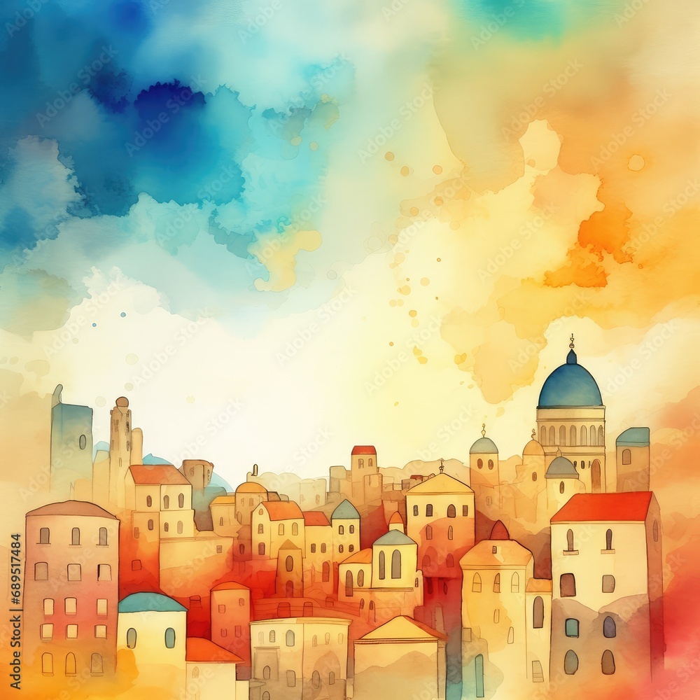 Watercolor European ancient city, generated by AI Watercolor European ancient city, generated by AI