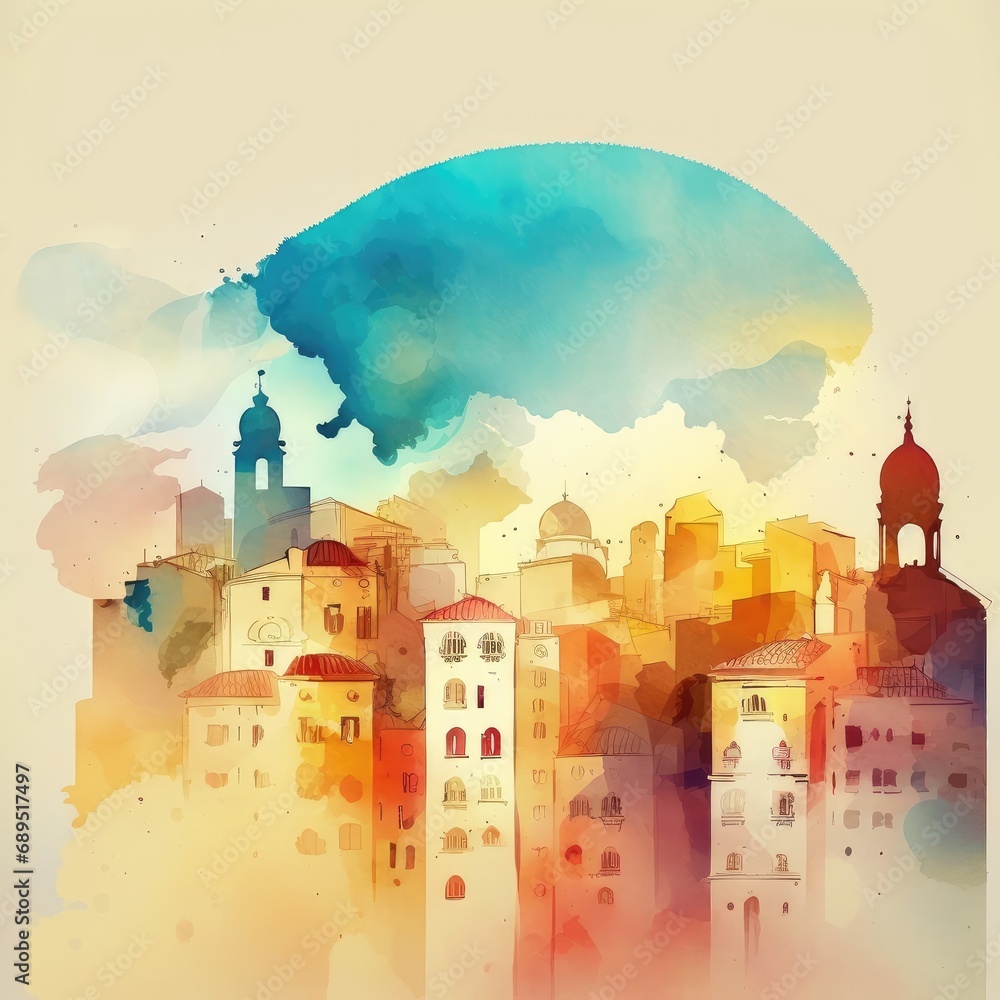 Watercolor European ancient city, generated by AI Watercolor European ancient city, generated by AI