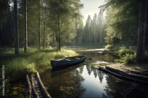 A boat by a lake in a forest, AI generated
